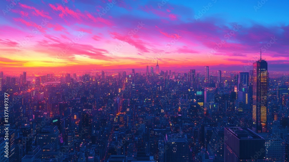 Obraz premium A stunning cityscape at sunset, featuring vibrant colors illuminating a sprawling skyline filled with skyscrapers and a breathtaking sky.