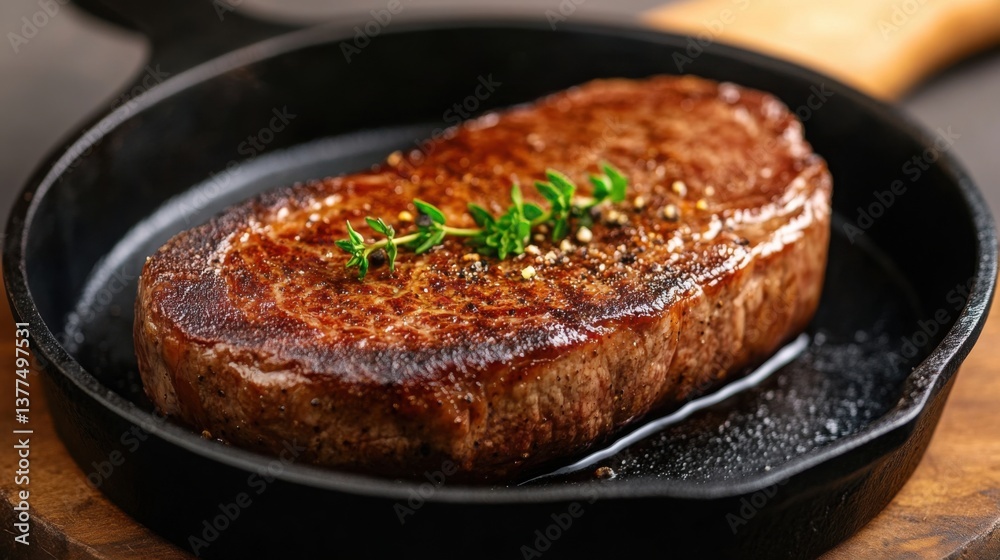 A thick marbled steak sizzling in a cast-iron skillet, with a golden-brown crust and tender, juicy interior A thick marbled steak sizzling in a cast-iron skillet, with a golden-brown crust and tender, juicy interior