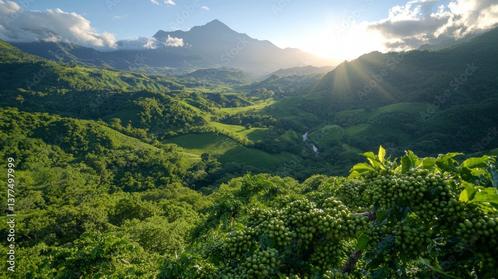 Fototapeta premium Majestic Mountain Landscape at Sunrise Lush Green Valley and Dramatic Peaks