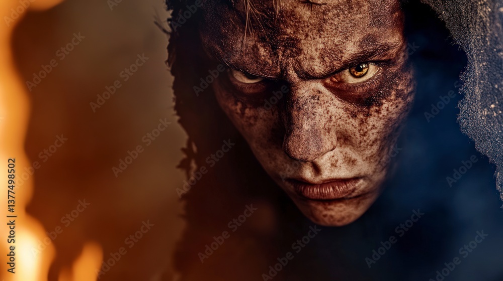 Fototapeta premium Horrifying Close-Up of a Ghoulish Figure Emerging from Flames