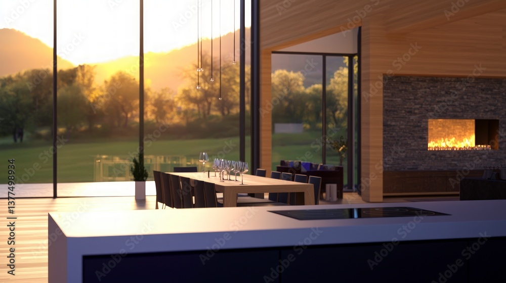 Fototapeta premium Modern Mountain View Home Interior Design Sunset Views & Fireplace