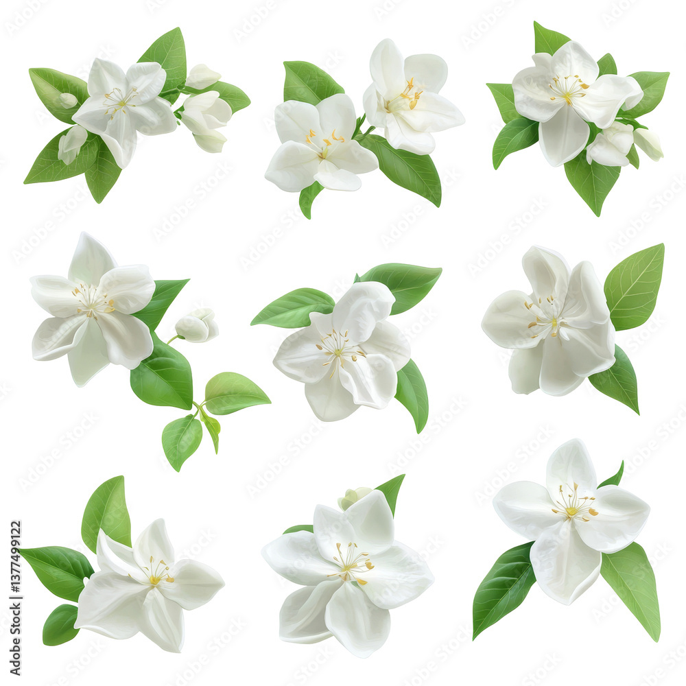 Obraz premium A beautiful collection of jasmine flowers arranged artfully against a transparent background showcasing their delicate petals and vibrant green leaves, jasmine flowers isolated on transparent