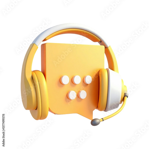 Hyperrealistic 3D headset with floating speech bubble and chat lines.