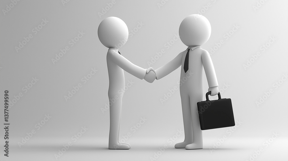 Two 3D cartoon figures shaking hands with briefcase on gray background Two 3D cartoon figures shaking hands with briefcase on gray background