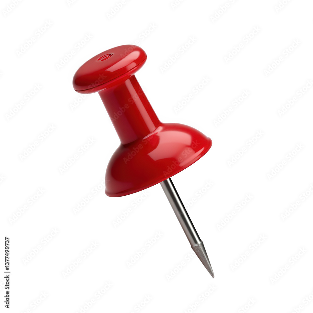 Red push pin with a sharp metal point isolated on a white background, commonly used for pinning notes, maps, and documents on bulletin boards, corkboards, or office walls Red push pin with a sharp metal point isolated on a white background, commonly used for pinning notes, maps, and documents on bulletin boards, corkboards, or office walls