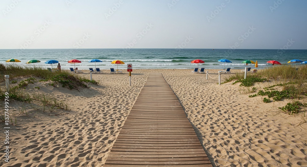 Fototapeta premium Walking Towards Colorful Beach Umbrellas on Sand with Wooden Path