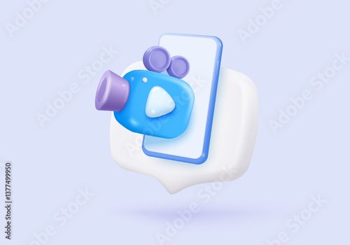 3d video camera simplicity icon signs with lens and button for theater. Realistic film movie icon, play button for streaming multimedia concepts. 3d movie cinema record icon vector render illustration