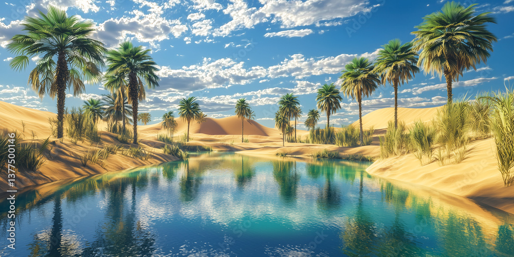Obraz premium Desert oasis with palm trees and reflective water in dunes