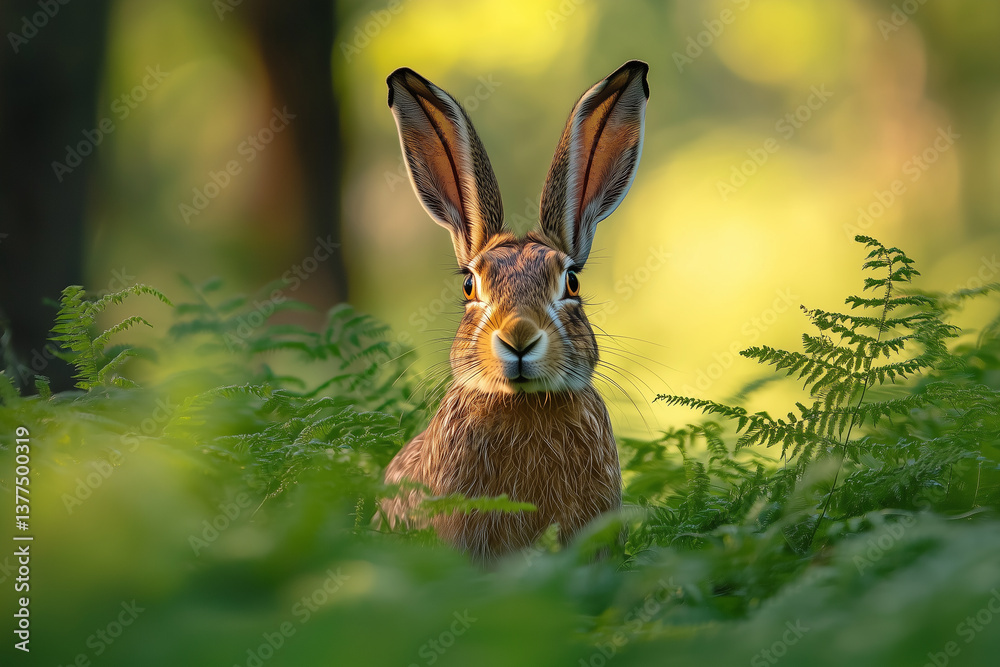 Obraz premium Brown hare hiding in ferns in sunlit forest