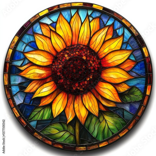 Stained Glass Sunflower Medallion: A radiant floral art piece featuring vibrant yellows, oranges, blues, and greens in a round mosaic design.