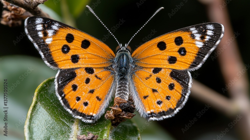 Close-up of a Vibrant Orange Butterfly with Black Spots on its Wings Close-up of a Vibrant Orange Butterfly with Black Spots on its Wings