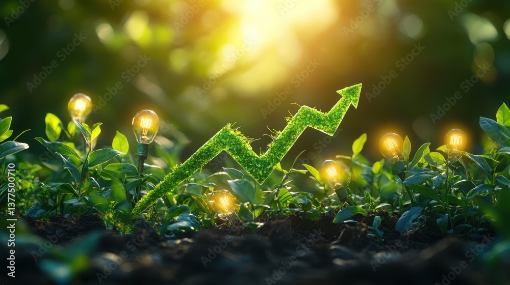Naklejka premium A vibrant green arrow made of moss points upward among illuminated plants, symbolizing growth and sustainability in a lush environment.