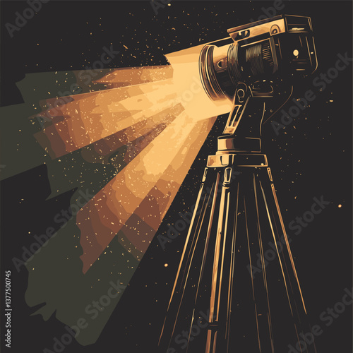 Vintage camera on tripod with light beams and cosmic background, retro photography design