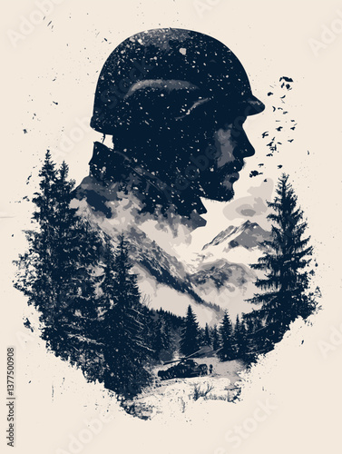 Soldier silhouette with winter landscape and forest, creative double exposure design