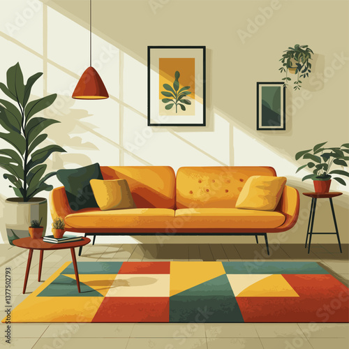 Modern living room with yellow sofa, geometric rug, and indoor plants in warm tones