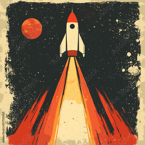Retro-style rocket launching into space with fiery exhaust and cosmic background
