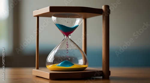 a colorful hourglass with water in it, with blurry beachy background. generative.ai
