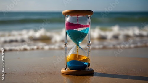 a colorful hourglass with water in it, with blurry beachy background. generative.ai