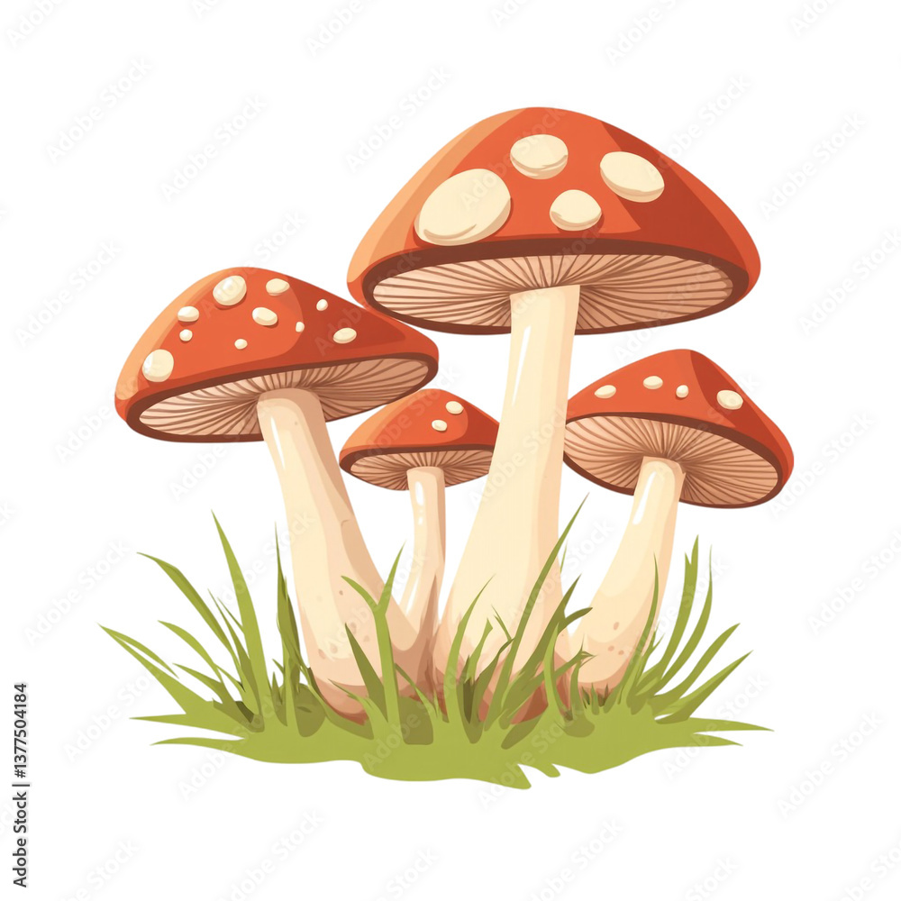 Red mushrooms in green grass fairytale fungi nature illustration, Red mushrooms in green grass fairytale fungi nature illustration,