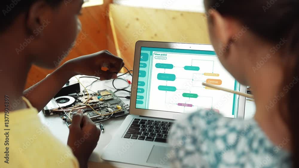 Laptop display coding system while student studying writing engineering ...