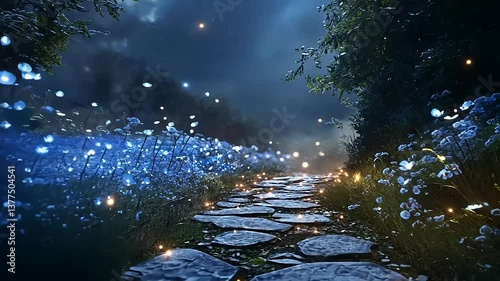 Enchanted pathway illuminated by blue flowers and fireflies under a starry night sky