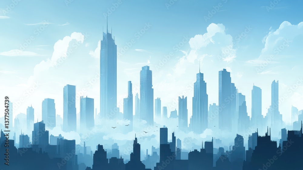 Fototapeta premium Futuristic city skyline, misty morning
