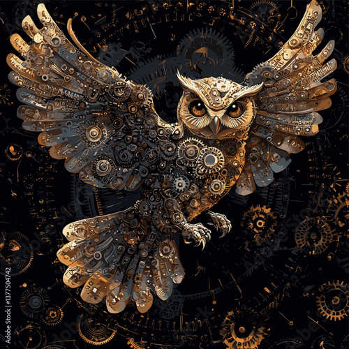 Steampunk owl with mechanical wings and gears in detailed, vintage style