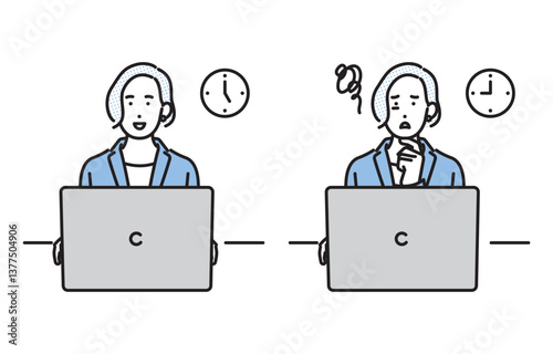 シンプル　イラスト　定時と残業中のビジネスパーソンの女性 人物