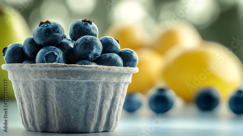 A close-up view of ripe blueberries neatly piled in a biodegradable pulp carton, with lemons and other fruits softly blurred in the background.