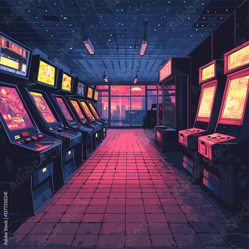 Retro arcade with glowing machines and neon lights, nostalgic gaming atmosphere