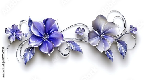Artistic floral design with purple flowers and silver accents on white