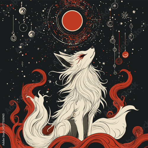 Mystical fox with flowing fur, cosmic elements, and red moon in a surreal design