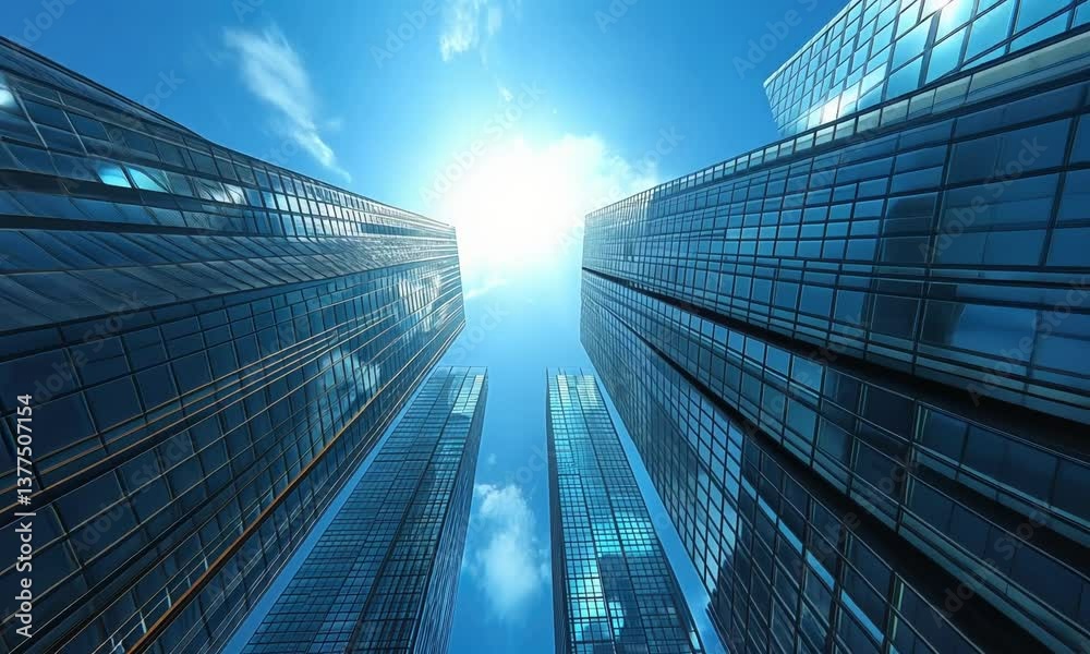 An upward view of modern glass skyscrapers against a bright blue sky with sun. An upward view of modern glass skyscrapers against a bright blue sky with sun.