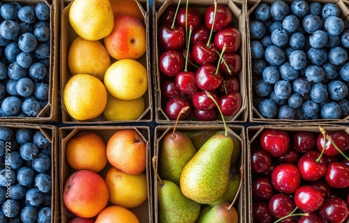 Fresh, colorful fruits in wooden crates.  Assortment of delicious, juicy fruits photo