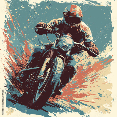 Dynamic motorcyclist in action with splashes of paint, retro racing style