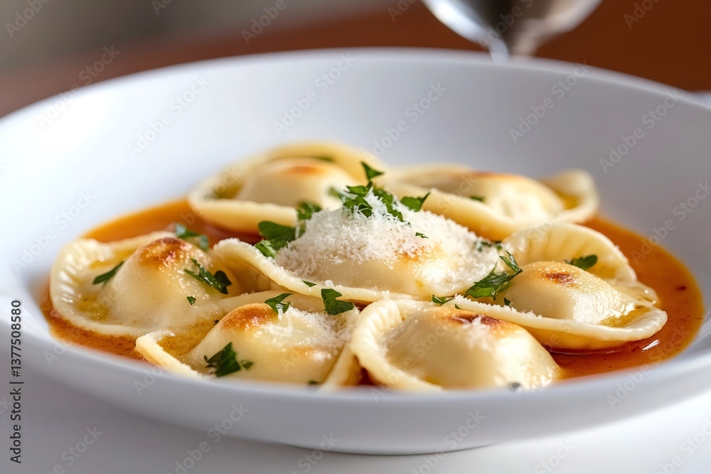Delicious ravioli with parmesan and parsley resting in tomato sauce Delicious ravioli with parmesan and parsley resting in tomato sauce