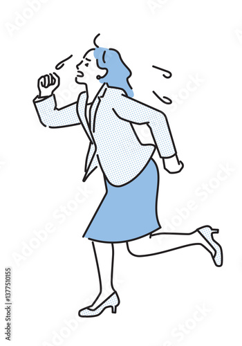 シンプル　イラスト　焦りながら走るビジネスパーソンの女性 人物
