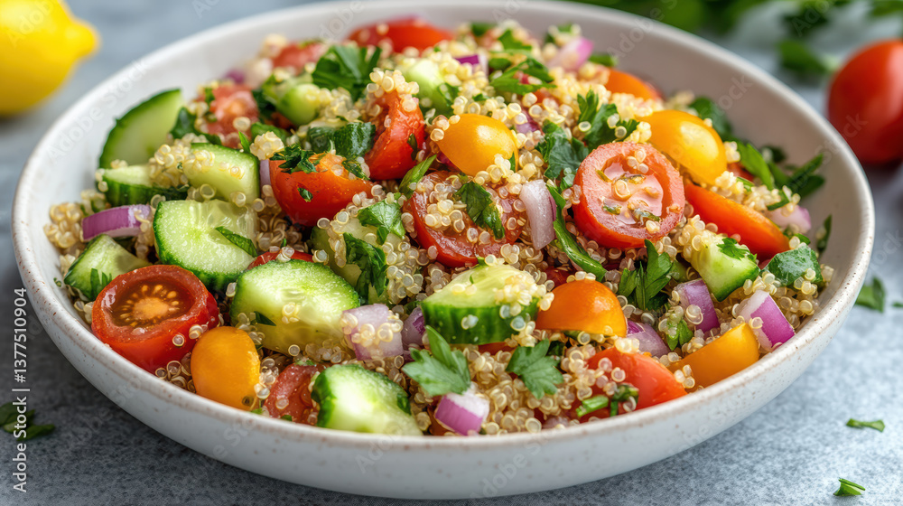 colorful quinoa salad bowl with cherry tomatoes, cucumbers, and fresh herbs, perfect for healthy