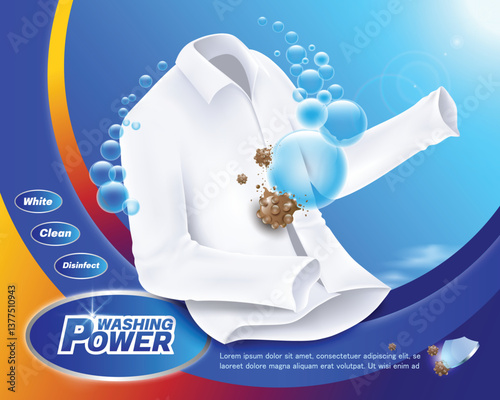 Bubbles of detergent or washing liquid hit the germs or stains on the white long-sleeved shirt to remove the stains from fabric, vector 3d illustration for advertising laundry products design template