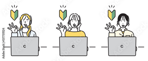 シンプル　イラスト　コールセンターで働く女性 人物バリエーション