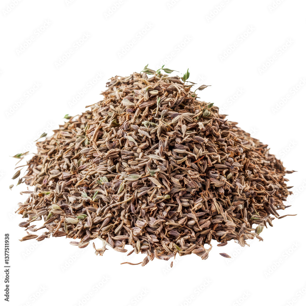 Heap of dried thyme on a transparent background showcasing its distinct texture and earthy color, Heap of dried Thyme isolated on transparent background Heap of dried thyme on a transparent background showcasing its distinct texture and earthy color, Heap of dried Thyme isolated on transparent background