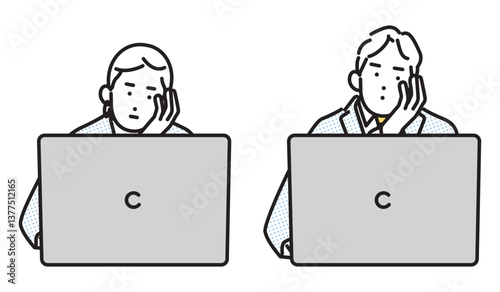 シンプル　イラスト　浮かない顔をするビジネスパーソンの男性と女性 人物