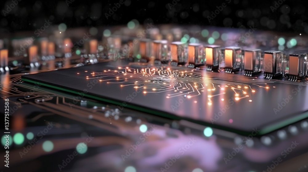 Close-up of Illuminated Computer Microchip Circuit Board