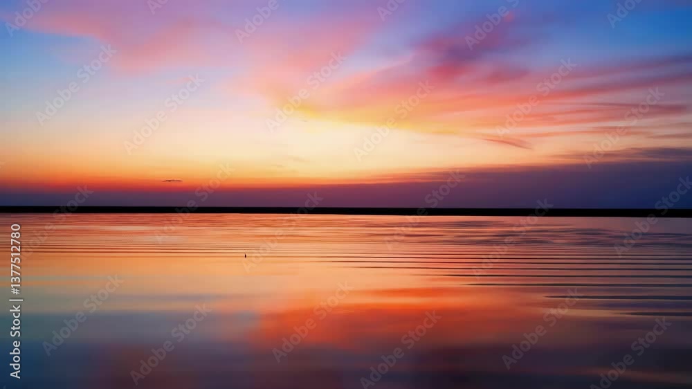 Serene Sunset Reflection Video: Tranquil Water and Sky Harmony. A sunset over a calm body of water with a bird in the distance. Serene Sunset Reflection Video: Tranquil Water and Sky Harmony. A sunset over a calm body of water with a bird in the distance.