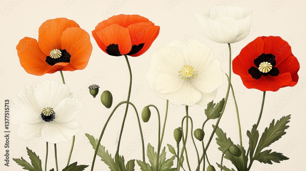 Fototapeta premium Vibrant Red, White, and Orange Poppies Floral Illustration