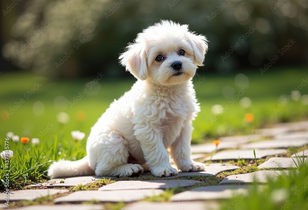 Delight in the adorable charm of a fat and fluffy white Bichon Frise puppy enjoying a sunny spring day in the park, captured in this side-view photo with a detailed, realistic, and vibrant composition Delight in the adorable charm of a fat and fluffy white Bichon Frise puppy enjoying a sunny spring day in the park, captured in this side-view photo with a detailed, realistic, and vibrant composition