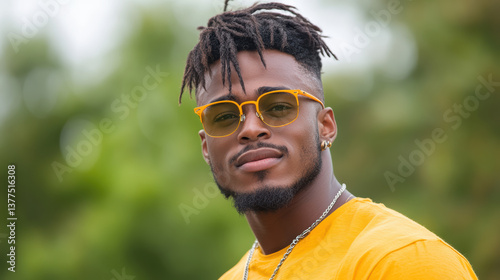 Bright and stylish young man wearing yellow sunglasses and matching shirt, exuding confidence