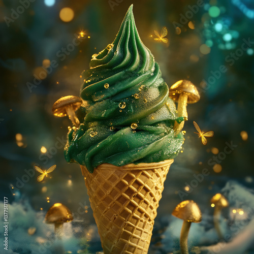 A scoop of deep emerald green ice cream served in a golden waffle cone, surrounded by tiny glowing mushrooms and magical fireflies. 