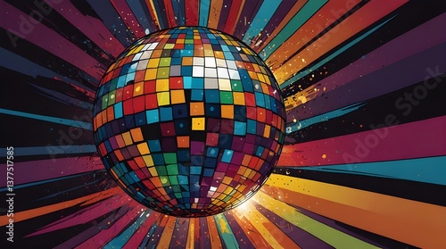 Disco ball colorful comic book style artwork. generative.ai