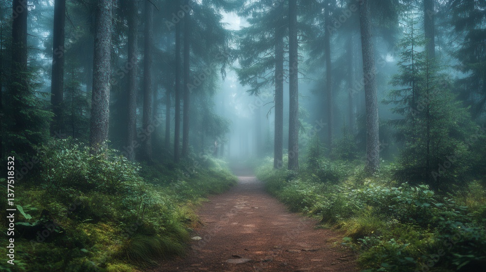 Naklejka premium A misty forest path surrounded by tall trees, creating a serene and mysterious atmosphere, inviting exploration into nature's depths.